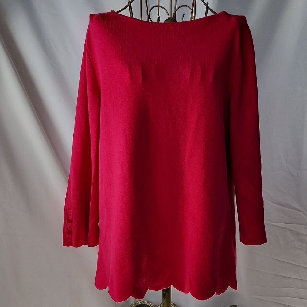 Scalloped Hem Fuschia 3/4" Sleeved Bateau Neck Finely Knit Ribbed Sweater Fun